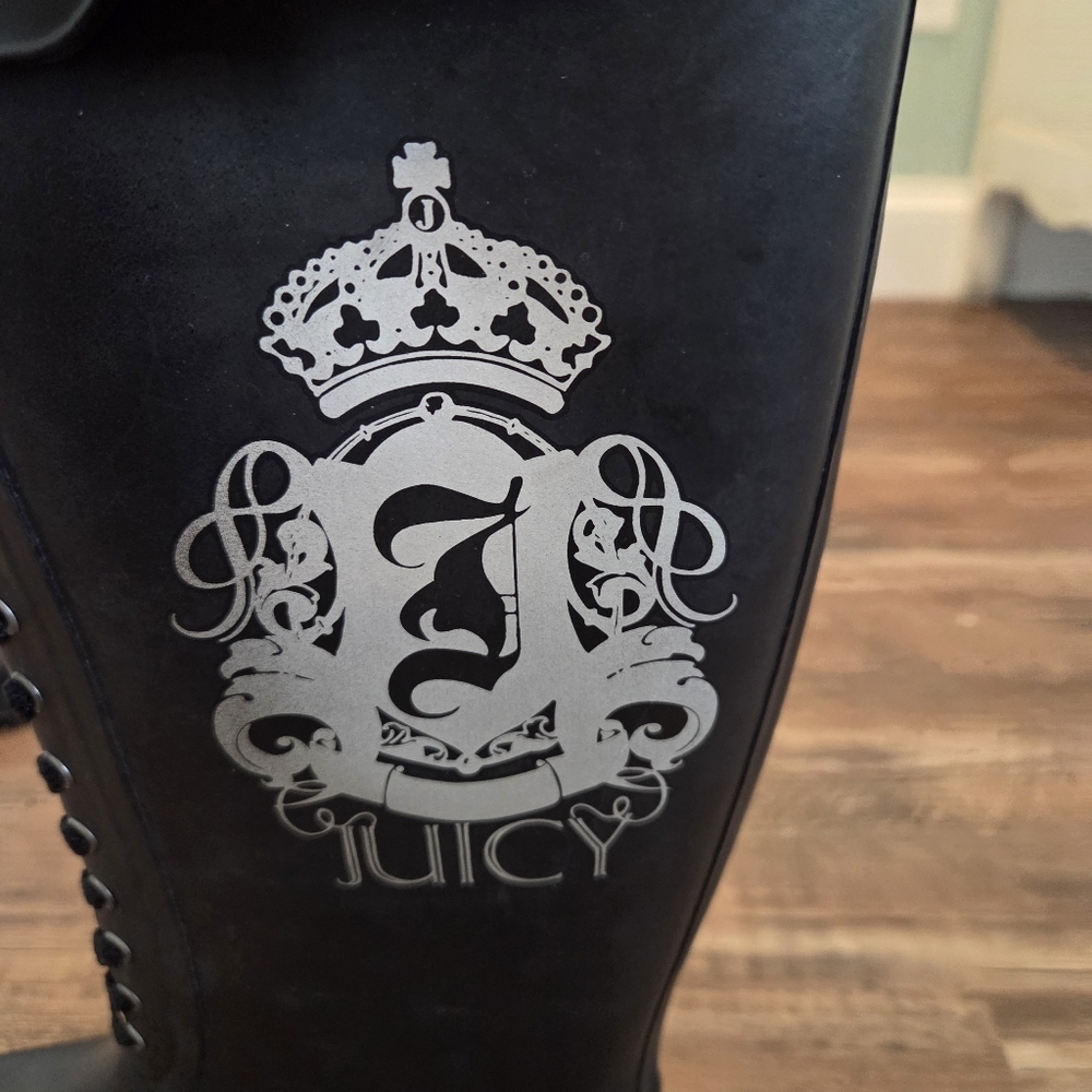 Juicy Couture Black Rain Boots Lace Up Buckle Logo Crown US 8 - Picture 4 of 15